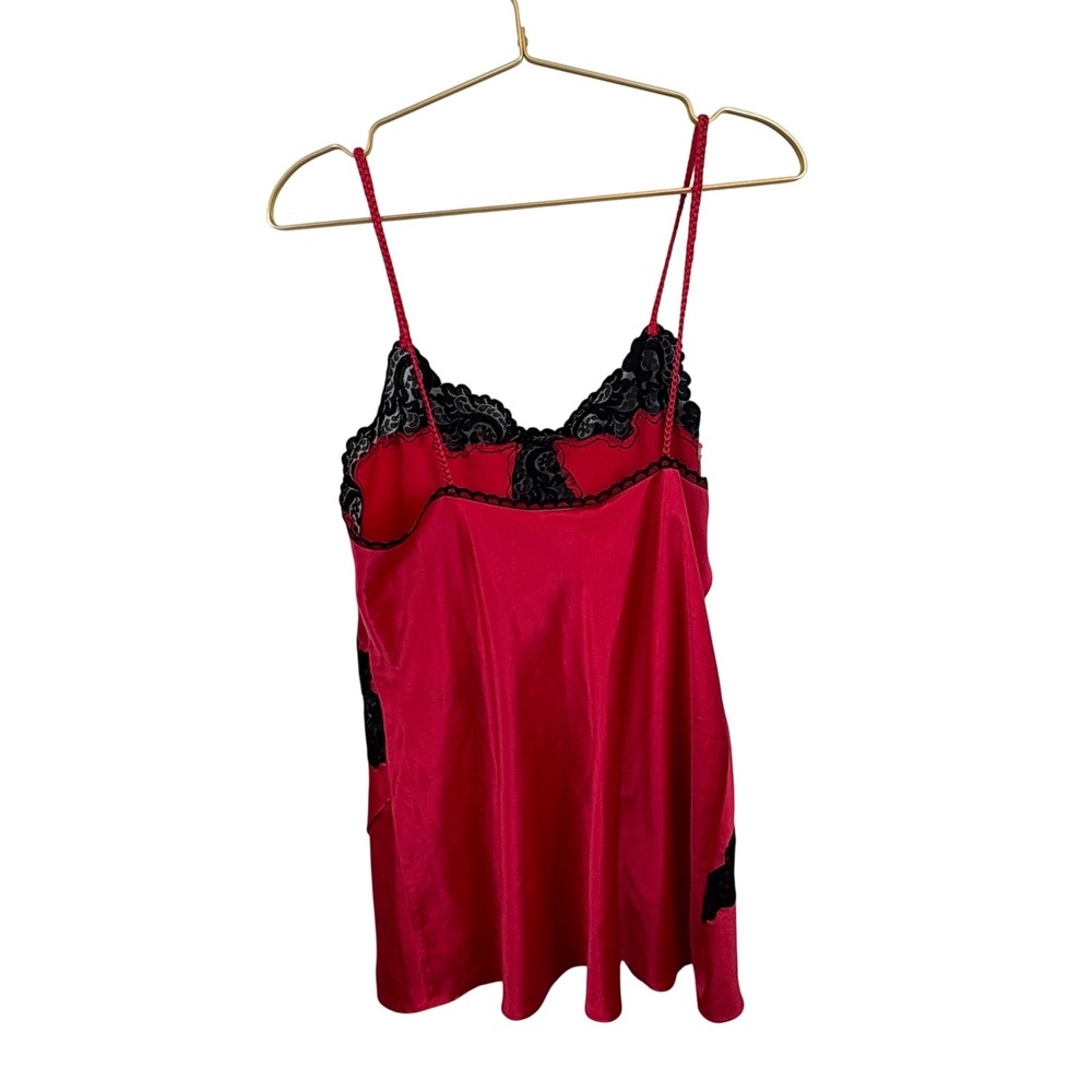 Vintage 90s Y2K Victoria's Secret Gold Label Red Satin Black Lace Slip Dress Med